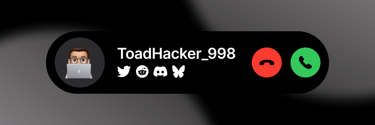 An abstract wallpaper with a dynamic island style graphic displaying Toad's username and social platforms