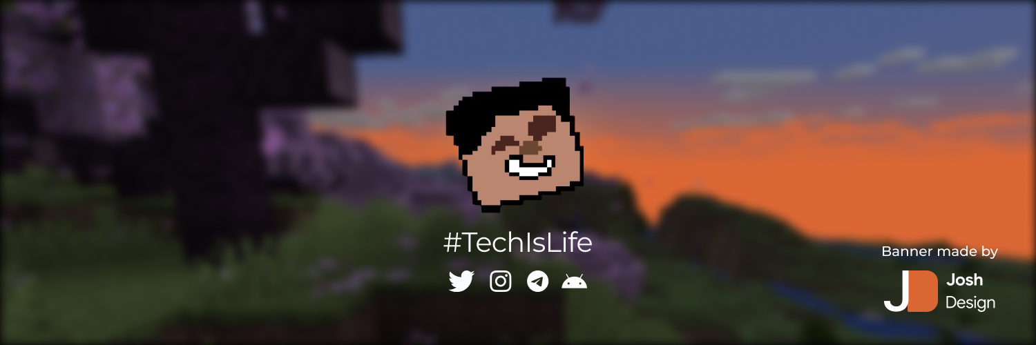 A blurred Minecraft background with a 2d Pixel styled Minecraft head at the center, social icons and #techislufe displayed over the top