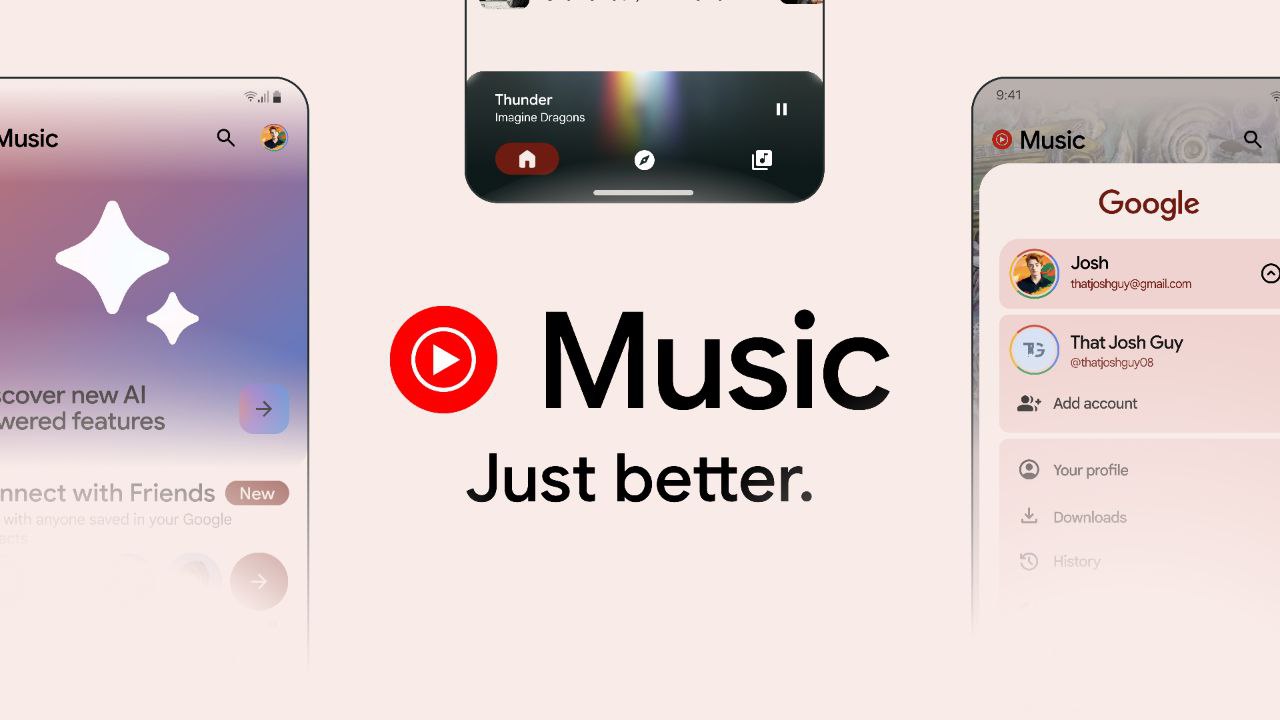 Collage of redesigned YouTube Music app interface concept showing Playback, Search, Categories, Profile, and Downloads UI