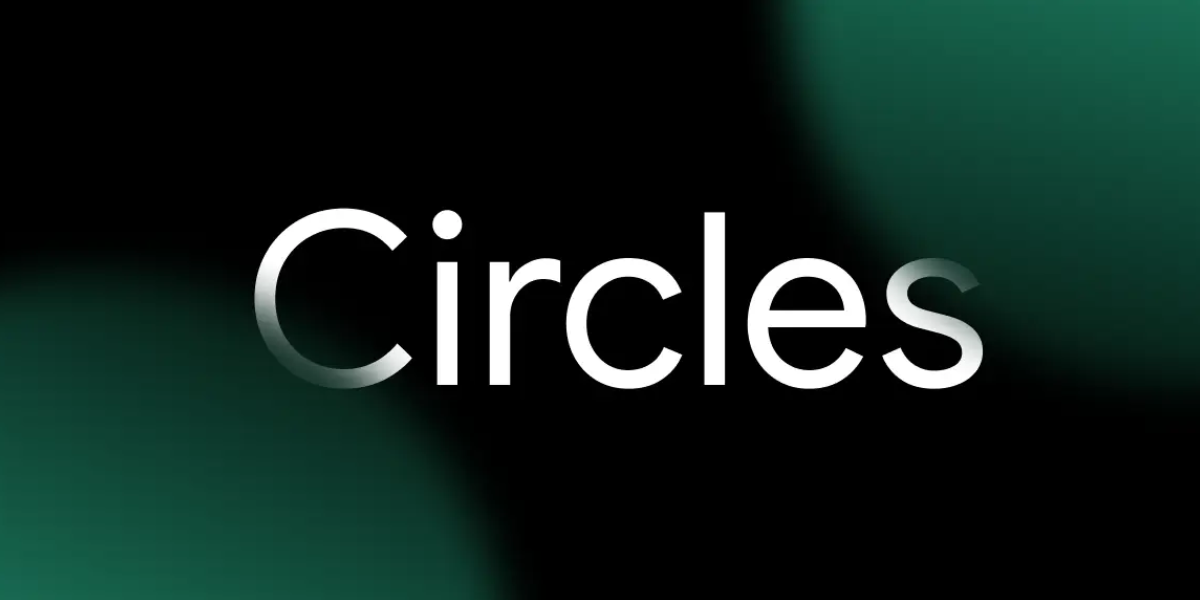 A Black background with the word 'Circles' written in white letters in the center. Two green circles, one in the bottom right corner and another in the top left corner, are superimposed on the background.